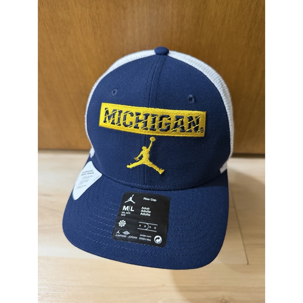 Jordan Michigan Wolverines Dri-FIT Rise Mesh Trucker Hat M/L Blue/White New